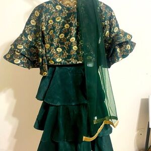 Girls Dark Green & Gold Floral Tiered Formal Dress with Dupatta